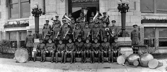 Black and white photograph of the Fourth Battalion Band, Minnesota Home Guard, c.1918.