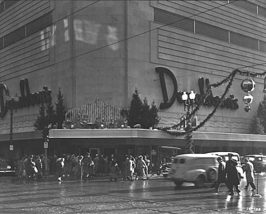 Black and white photograph of Christmas decorations, Donaldson’s, 1949. Photograph by Norton & Peel.