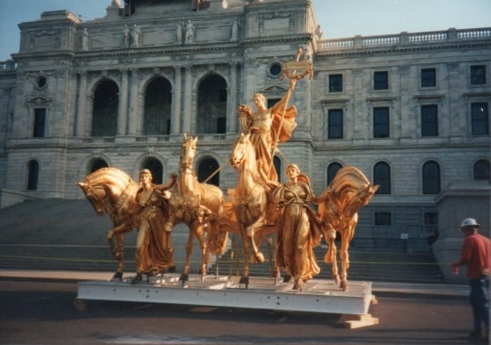 Color image of the quadriga being prepared for reinstallation following a full restoration by Fine Objects Conservation, Inc., June 21, 1995. Photographed by Linda A. Cameron.