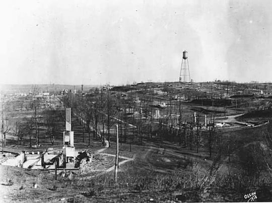 Black and white photograph of a view of Cloquet after fire, 1918.