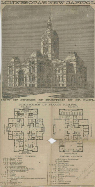 Scan of Buffingtons drawing and floor plan of the first and second floors of the second State Capitol Building, which appeared in the St. Paul Daily Pioneer Press, August 29, 1881.