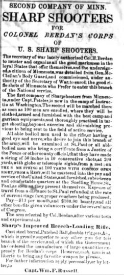Northfield Telegraph, December 25, 1861. Recruiting advertisement placed by Captain William Russell for Colonel Berdan’s Corps of US Sharpshooters. Used with the permission of St. Olaf College Archives.