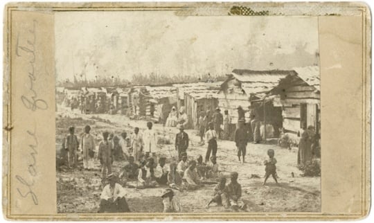 Enslaved people and their homes, Helena, Arkansas taken while Sixth Minnesota Volunteers were camped in Helena.