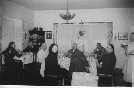 Black and white photograph of the Stickney Inn and Store dining room, ca. 1960.