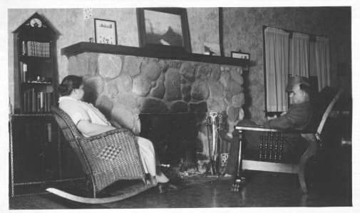 Black and white photograph of the Stickney Inn and Store, living room, ca. 1930.