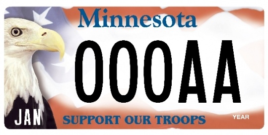 Color image of Minnesota Support Our Troops license plate featuring Harriet, a bald eagle ambassador from the National Eagle Center.