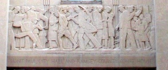 One of the panels of Lee Lawrie's Voice of the People relief sculpture over the north entrance of the St. Paul City Hall and Ramsey County Courthouse. Photographed by Paul Nelson on June 1, 2008.