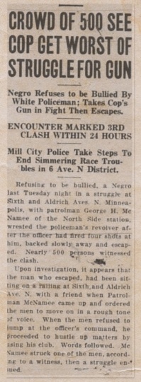 Headline and text of an article (“Crowd of 500 See Cop Get Worst of Struggle for Gun”) published in the Northwestern Bulletin, an African American newspaper based in St. Paul, on June 24, 1922. Public domain.