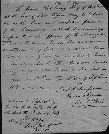 Hand written document recognizing Wahcoota as Tatanka Mani's successor, May 17, 1829.