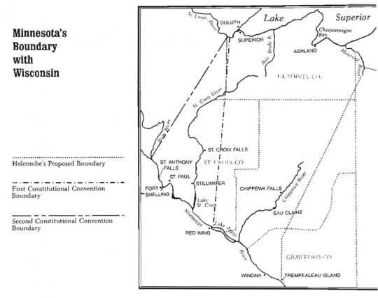 Map showing three Minnesota–Wisconsin boundaries proposed during the late 1840s. Created by Alan Ominsky and reproduced in Lass, William E., Minnesota's Separation from Wisconsin, Minnesota History 50 (Winter 1987): 311.