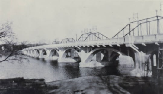 Black and white photograph of the Anoka–Champlin Mississippi River Bridge 4380, ca. 1930.