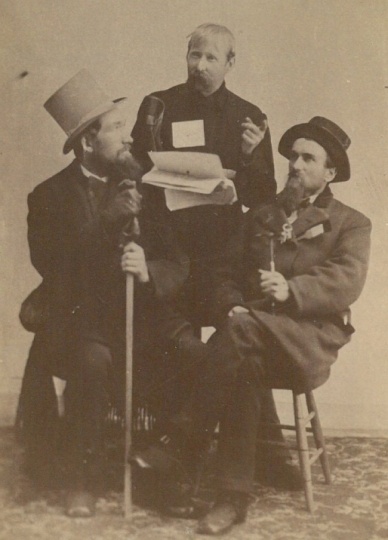 Black and white photograph of Solomon Comstock, James H. Sharp, and S. G. Roberts, 1880.
