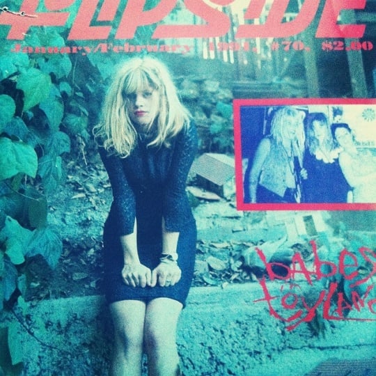 Babes in Toyland’s Kat Bjelland on the cover of the January/February 1991 issue of the fanzine Flipside. The inset image shows (left to right): Lori Barbero Bjelland and Michelle Leon.