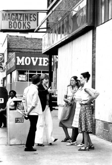 Black and white photograph of anti-pornography activists on Lake Street, 1979.
