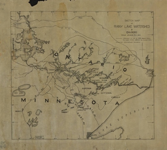 Hand-drawn 1920s map of the Rainy Lake watershed in both Minnesota and Ontario, possibly drawn by Ernest Oberholtzer, showing the 14,500 square miles that would have been effected by Edward Backus’ proposed dams. Used with the permission of the Oberholtzer Foundation.