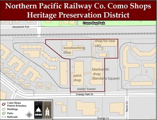 Map of the Como Shops Heritage Preservation District produced by the City of St. Paul annotated in May 2017.
