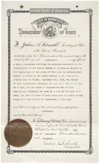 Minnesota's Ratification of the 19th Amendment, September 8, 1919. Committee Papers, 1919–1920 Records of the US House of Representatives, Record Group 233 National Archives Building, Washington, DC. Public domain.