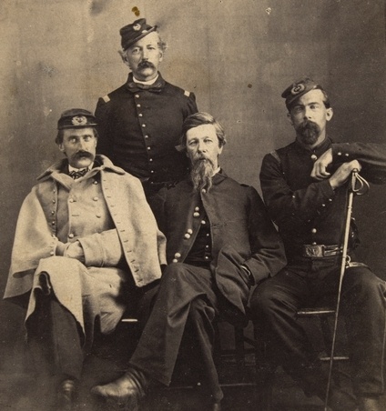 Black and white photograph of General Alfred H. Sully (center) with (L to R) John H. Pell, Andrew J. Levering, and Josias R. King, c. 1862.