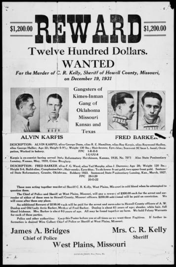 Reward poster for Alvin Karpis and Fred Barker