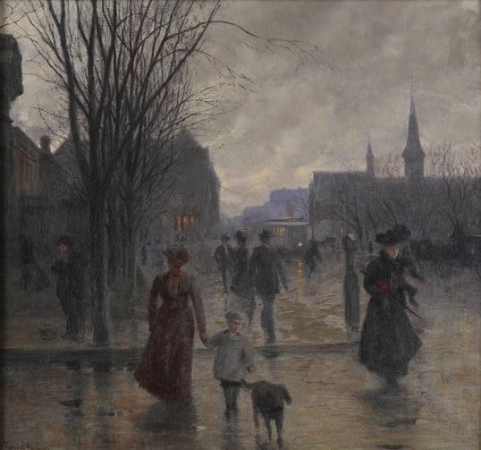 Color image of Rainy Evening on Hennepin Avenue, c.1902, Oil on canvas painting by Robert Koehler.