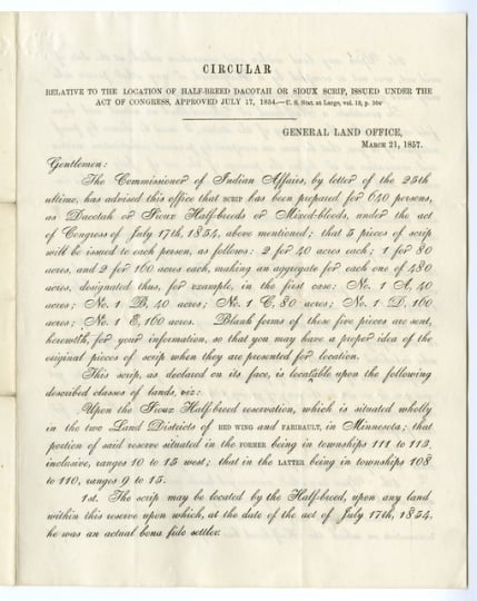 Circular explaining the location of Dakota scrip, March 21, 1857.