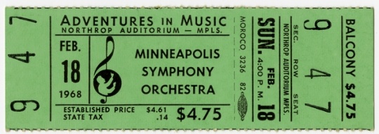 Color scan of an admission ticket for a Sunday 4pm concert at Northrup Auditorium, February 18, 1968.