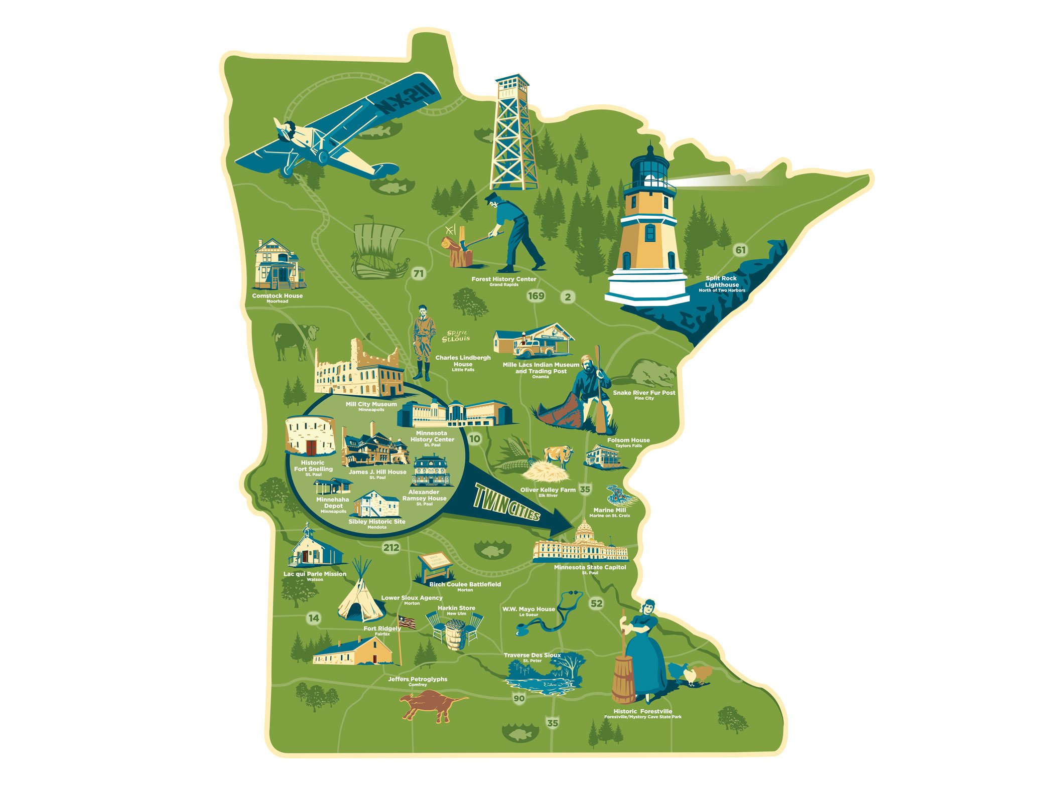 Illustration of Minnesota with landmarks.