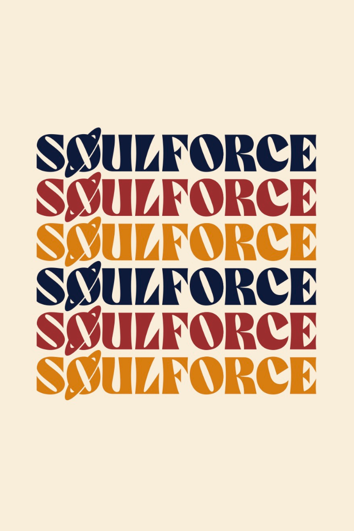 Promotional graphic for the exhibit 'soulforce: the movements of memory'. The word "SOULFORCE" is repeated in six stacked rows against a cream background. The text alternates in navy blue, dark red, and golden yellow, with the letter "O" in each row stylized as a ringed planet.