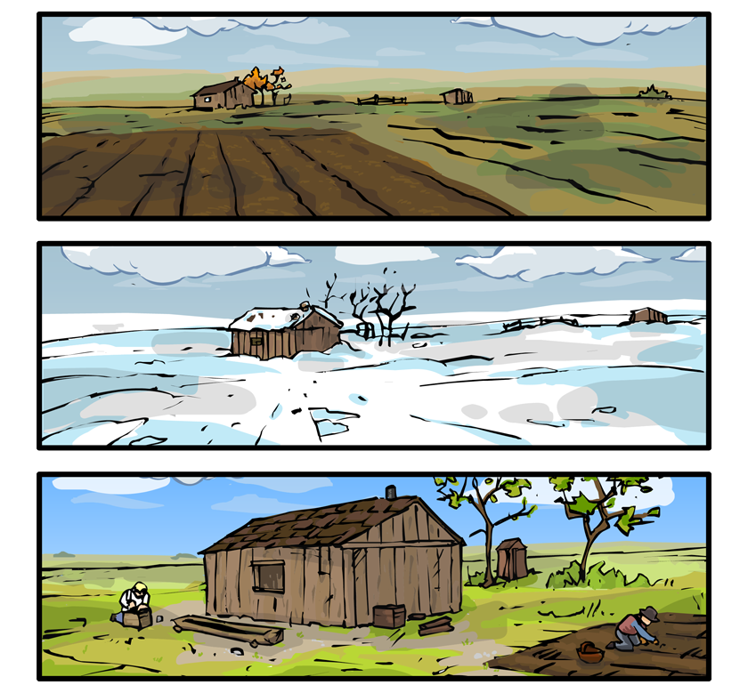 In a series of panels we see the seasons pass as we zoom in towards the house. We go to fall and see browner colors and more prairie turned to field. Then the blanket of white that is winter. Followed by springtime seeding.