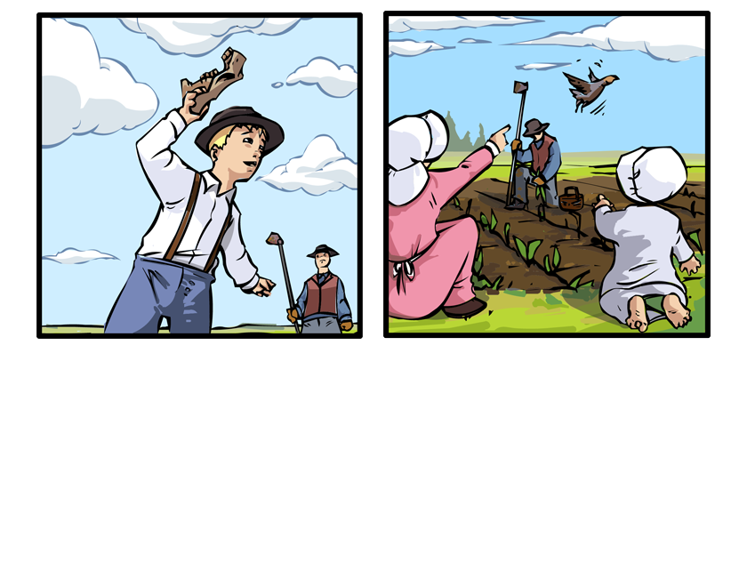 Georgie holds up a buffalo skull he's found in the dirt. Lorenzo and Mamie point to a bird flying overhead.