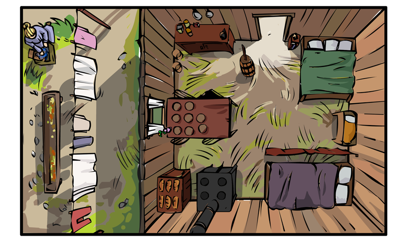 A view straight down on the inside of the house. We watch Mary do her daily chores.