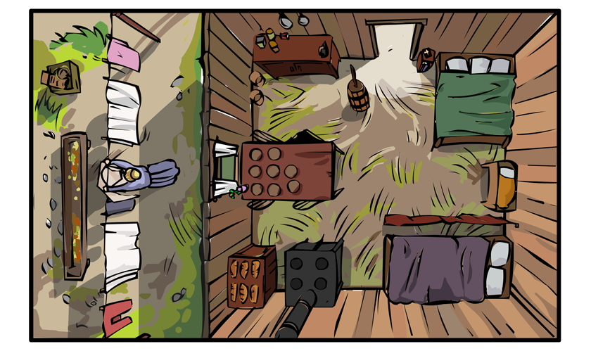 A view straight down on the inside of the house. We watch Mary do her daily chores.