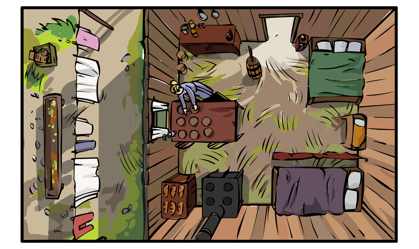 A view straight down on the inside of the house. We watch Mary do her daily chores.