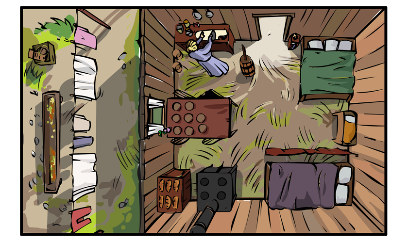 A view straight down on the inside of the house. We watch Mary do her daily chores.