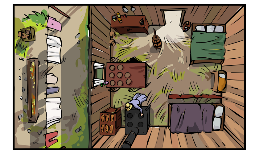 A view straight down on the inside of the house. We watch Mary do her daily chores.