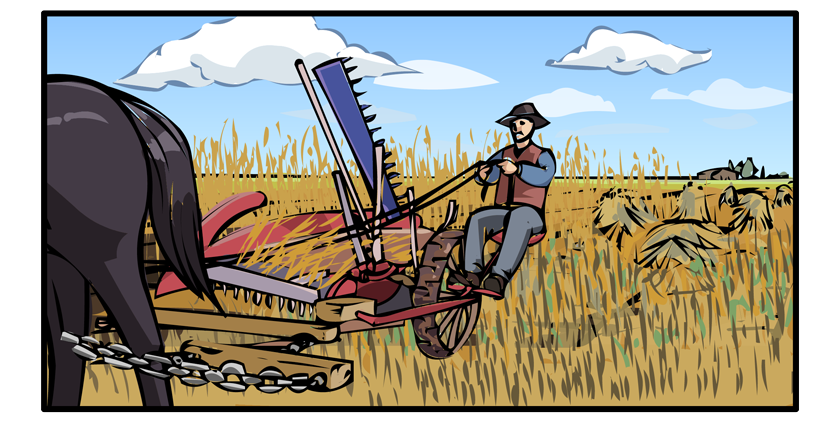 The view shifts to the field where George rides a horse-drawn reaper.