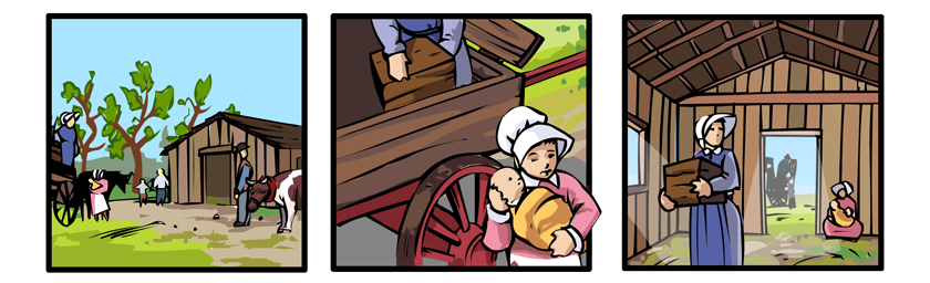 They arrive at a small shack and, over a series of panels, start to unload and move into the shanty.