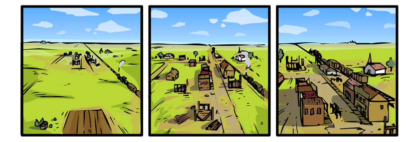 We follow the train into Marshall, a town still under construction...