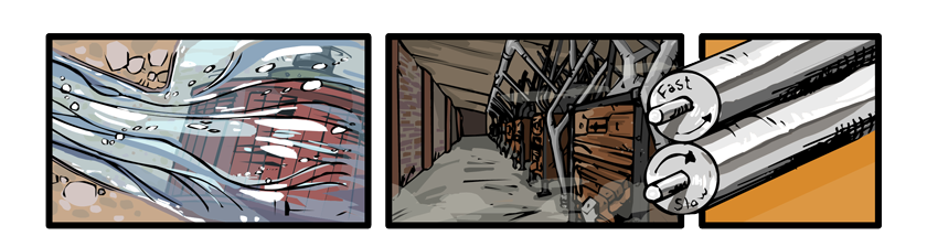 Three small panels show a turbine spinning with the force of the water, a long row of middlings purifiers, and a pair of steel rollers.