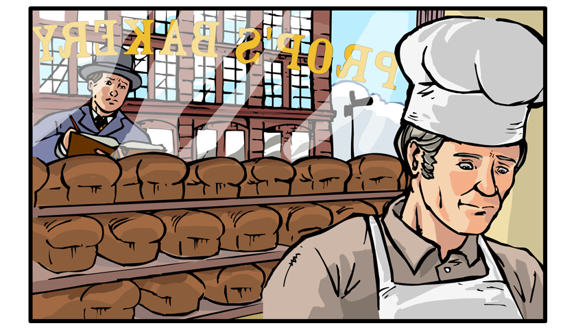 E.V. looks through a shop window at a hard-working baker and the many loaves of bread lined on shelves.