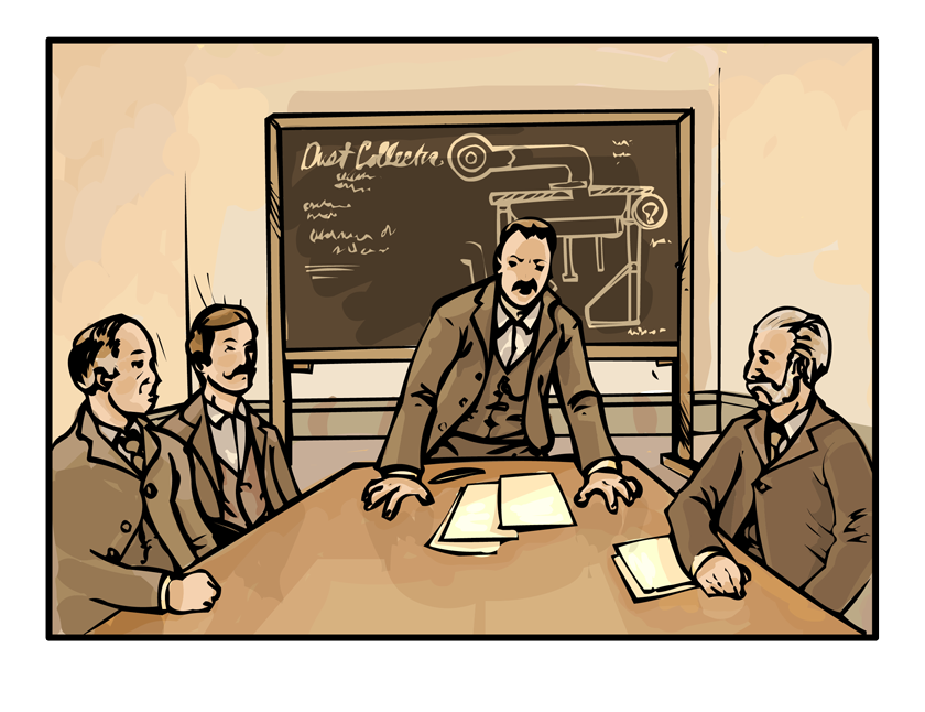 Mr. Washburn stands at a conference table explaining his plan to rebuild. Behind him: a drawing of a dust collector.
