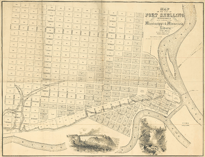 Hand-drawn sepia map showing the intersection of two rivers, and above and to their left the streets of an unbuilt city.