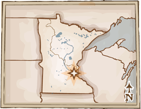 Map of Minnesota with the flourmilling area indicated by a star on the Minneapolis St Paul area.