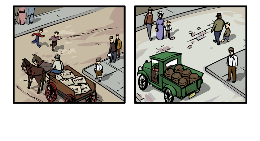 ...Transition: Melvin's standing on the corner of Washington and Lowry. A horse-drawn wagon passes, carrying barrels of flour.
Same scene, 8 years later. Melvin is a solid teenager on the corner. Now a pickup truck passes carrying bags of flour.