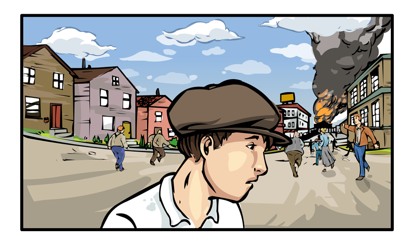 The teenaged Melvin sees billowing smoke...