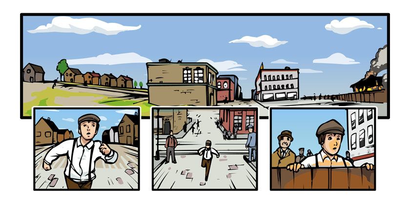 Melvin runs through the streets to the fire.