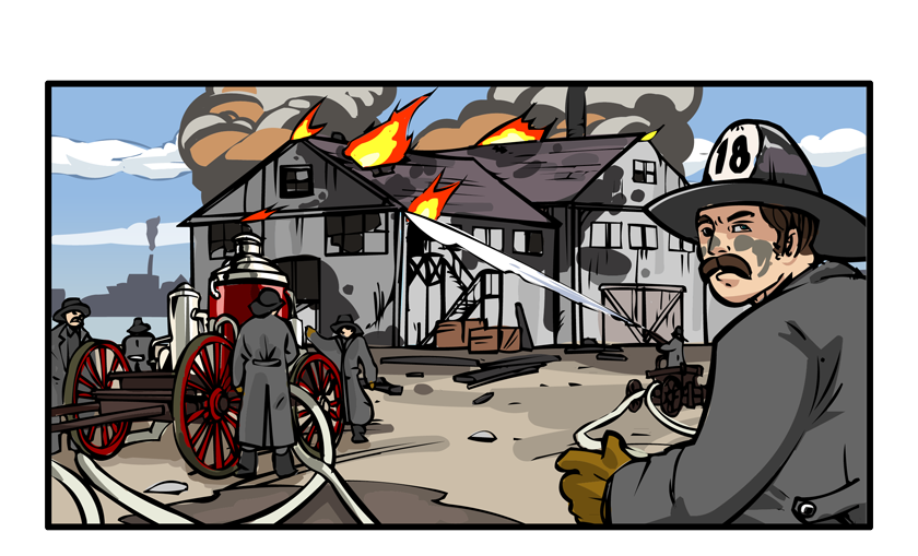 Men in the standard fire helmets and long thick coats pump water onto the flames from their gleaming red wagons.