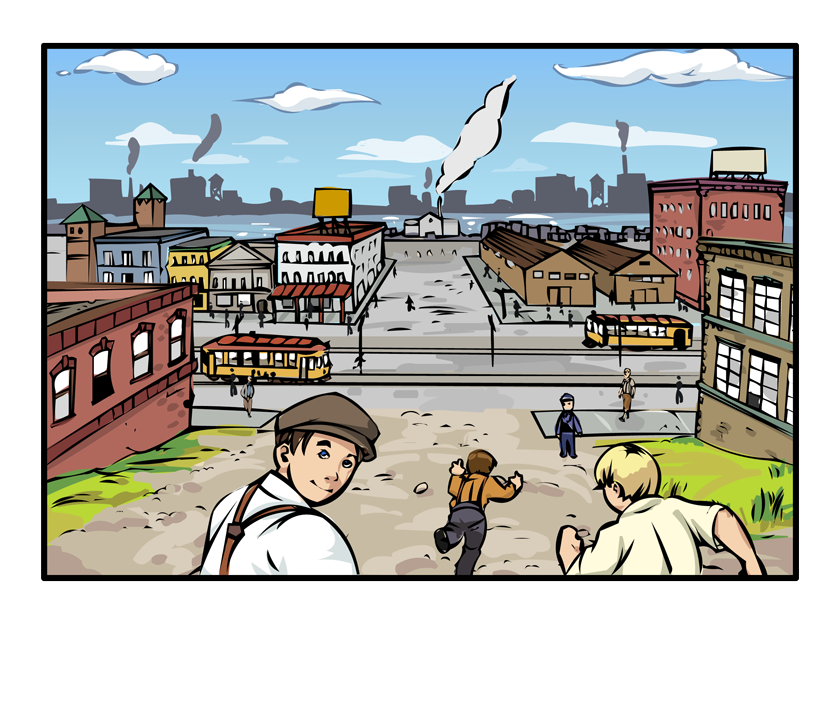 As the image develops, we see Melvin in the foreground as he and a crowd of boys runs down Lowry Avenue towards the river. We see streetcars passing on Washington Avenue ahead. And at the end of the road, the sawmill that is their goal.