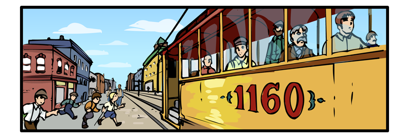 The boys are now running across Washington Avenue, crossing behind a streetcar that's in the foreground.