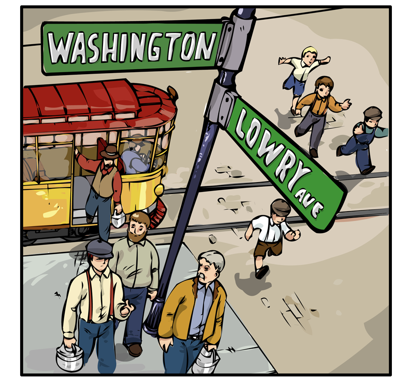 Workmen are getting off the streetcar, carrying their lunchbuckets.